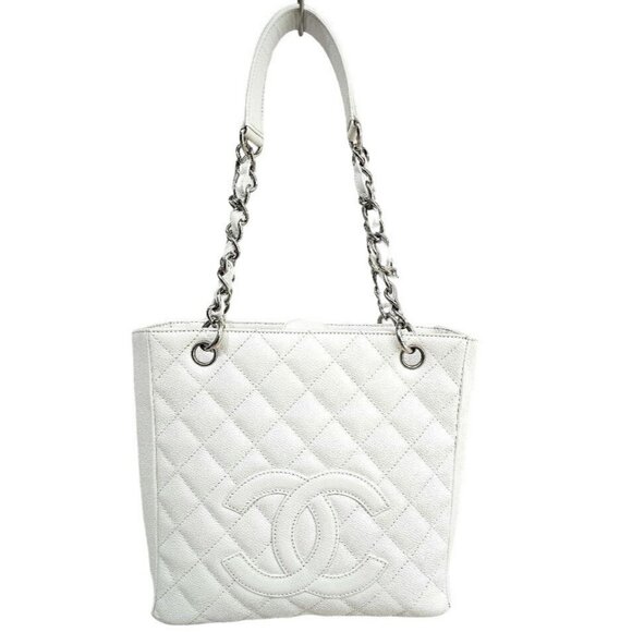 Authentic CHANEL CC Caviar Quilted Petite Shopping Tote PST White Leather Purse - Picture 1 of 13